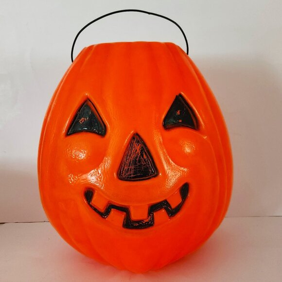 Vintage Large Oval Blow-Mold Jack O'Lantern Halloween Treat Pail Bucket *AS IS